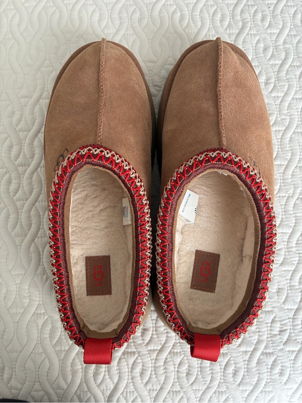 UGG Women's Chestnut Suede Slip-On Mules with Red Trim